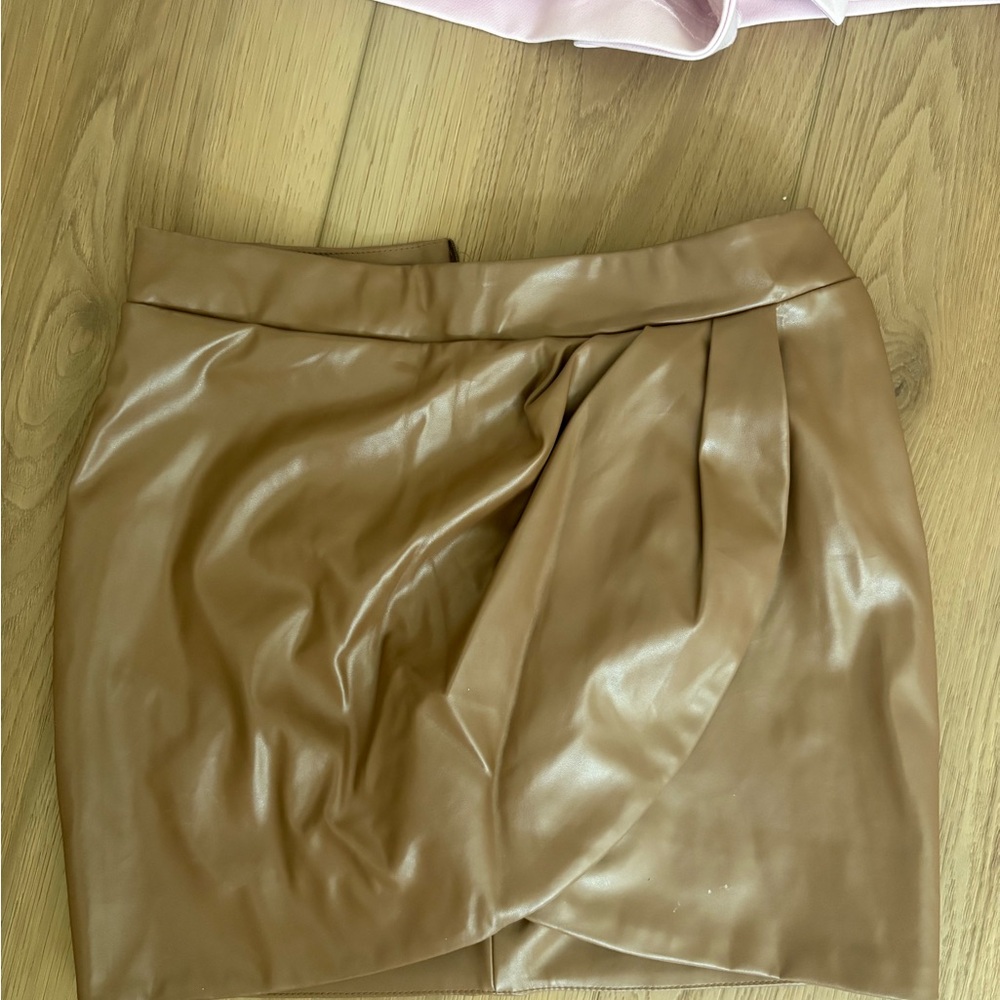 Tan Pleated Wrap Mini Skirt for Cocktail